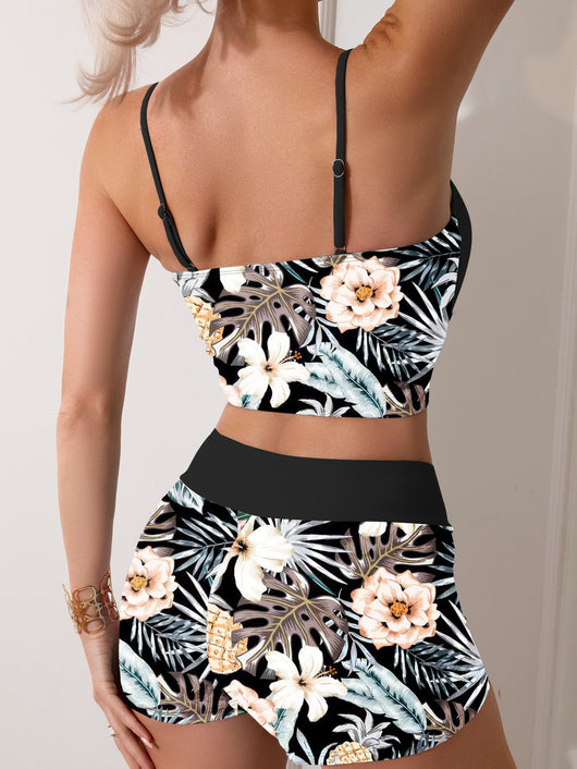 Women's light green two-piece bikini swimsuit with tropical floral and pineapple print, featuring drawstring top and shorts. - Image 23