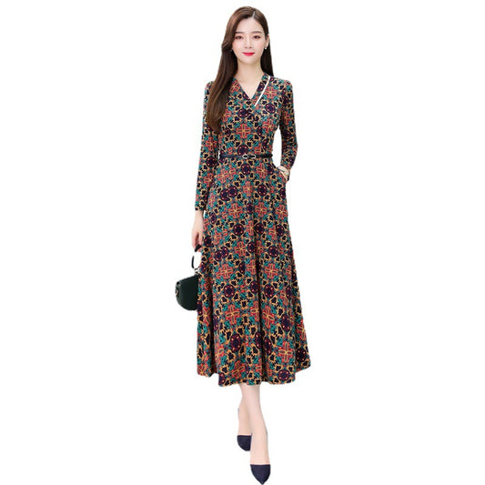Vestido Elegante Estampado Cuello V Manga Larga Otoño Invierno - Image 2
