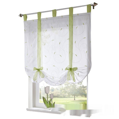 White sheer Roman window screen with red embroidered floral patterns and red ribbon ties, hanging from a silver rod. - Image 8