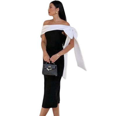 Vestido de Cóctel Elegante con Hombros Descubiertos y Moño en Blanco y Negro - Image 5