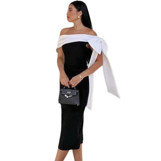 Vestido de Cóctel Elegante con Hombros Descubiertos y Moño en Blanco y Negro - Image 5