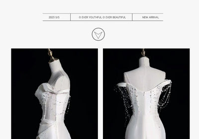 Vestido de Fiesta Satinado Hombros Descubiertos con Perlas - Image 11
