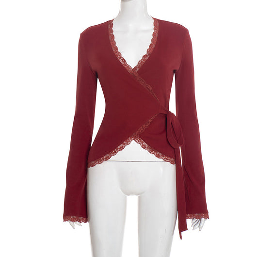Blusa Escote en V Profundo con Cruzado Frontal y Encaje - Image 6