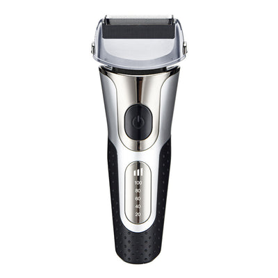Black and silver men's electric shaver with a three-bit floating head and LED battery display. - Image 7