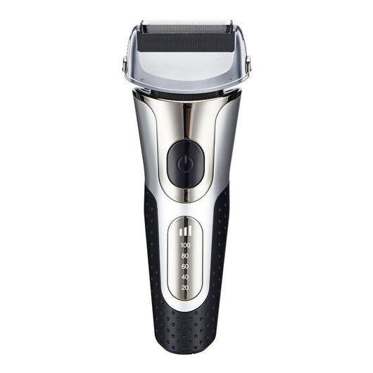 Black and silver men's electric shaver with a three-bit floating head and LED battery display. - Image 7