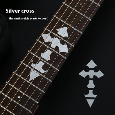Blue cloud-shaped inlay stickers for guitar fingerboards, shown on a guitar neck and as a full sheet. - Image 20