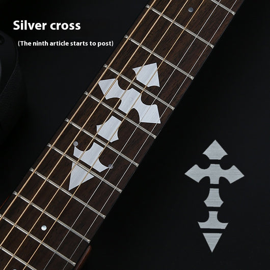 Blue cloud-shaped inlay stickers for guitar fingerboards, shown on a guitar neck and as a full sheet. - Image 20