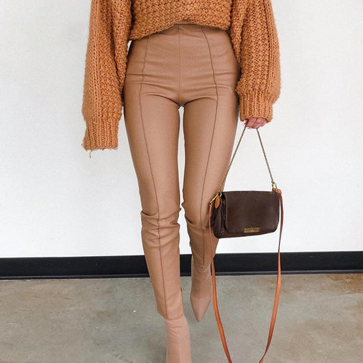 Pantalones de Cuero PU Khaki para Mujer - Diseño Casual con Cierre - Image 4
