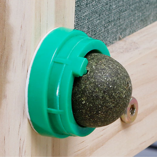 Two catnip licking balls, one in a blue plastic base and one in a green plastic base, on a white background. - Image 6