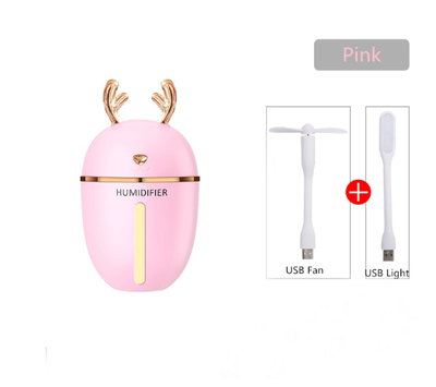 Pink deer-shaped ultrasonic humidifier with gold antlers, a white USB fan, and a white USB light. - Image 10