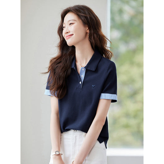 Blusa Estilo Americano Hombros Descubiertos Falsa Dos Piezas Manga Corta - Image 3