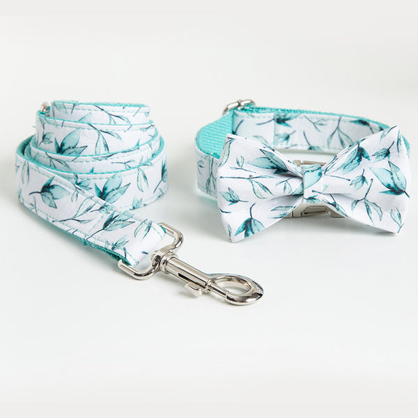 Collar y Correa para Perro Ajustable con Estampado de Hojas y Moño Personalizable