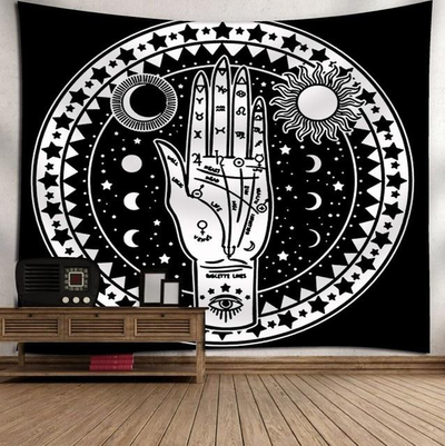 Bohemian sun and moon tapestry with a celestial pattern of golden suns and crescent moons on a dark blue background. - Image 47