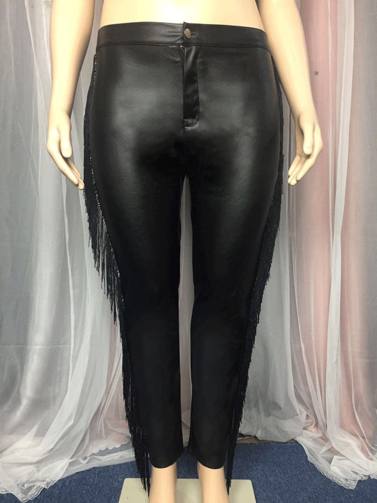 Pantalones de Cuero Premium con Detalle de Borlas - Talla Grande 9 Pulgadas - Image 5