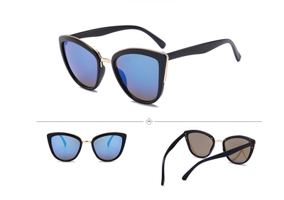 Female cat-eye sunglasses with clear marbled plastic frames, pink mirrored lenses, and gold-tone accents. - Image 3
