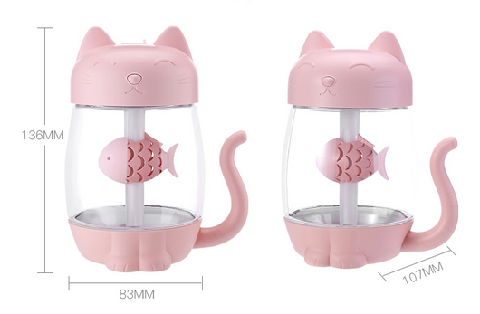 Pink cat-shaped USB humidifier with a clear body, decorative fish, and cute cat features like ears, paws, and tail. - Image 7