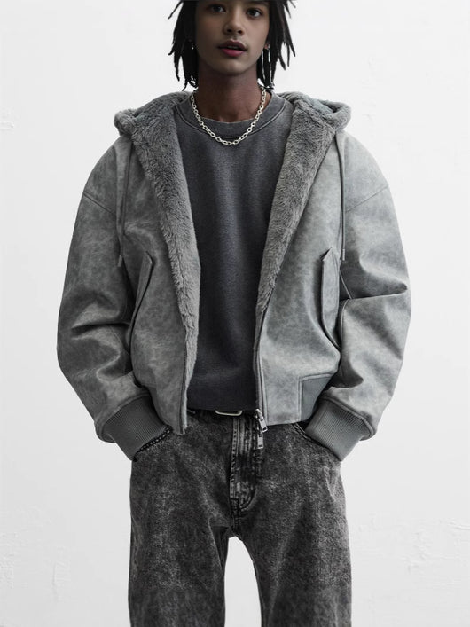 Chaqueta Bomber Reversible con Capucha de Cuero Sintético para Hombre - Image 2