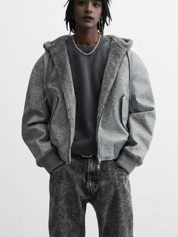 Chaqueta Bomber Reversible con Capucha de Cuero Sintético para Hombre