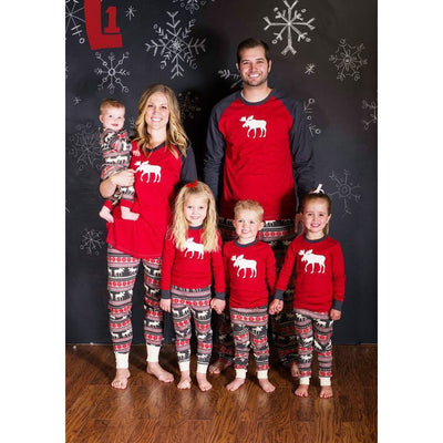 Red and black long-sleeve pajama set with a white moose graphic on the top and patterned moose pants. - Image 5