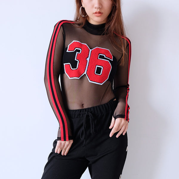 Body Transparente Mesh de Manga Larga - Diseño Rayado Otoño Invierno