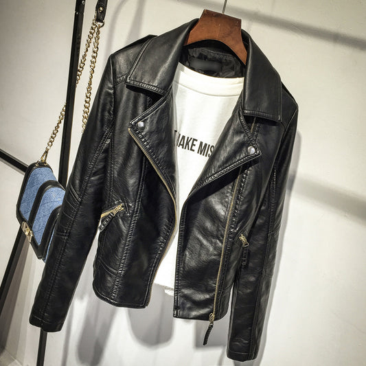 Chaqueta de Cuero Motociclista Lavada con Solapa Corta