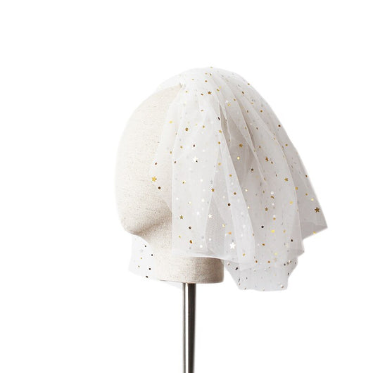 White multi-layer short bridal veil with gold star embellishments, worn by a model in a white lace wedding dress. - Image 3