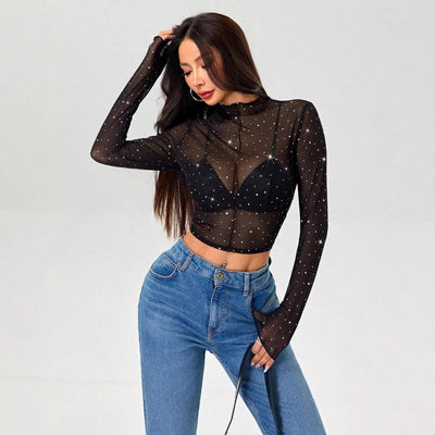 Blusa Transparente con Cuello Alto, Manga Larga y Lentejuelas Brillantes - Image 4