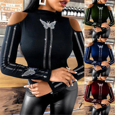 Blusa Strapless Negra con Mangas Largas y Detalles de Mariposas