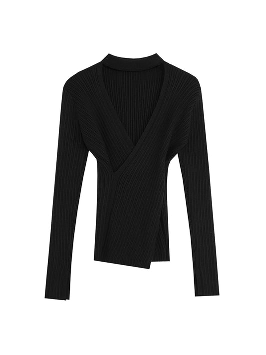 Suéter Negro Escotado en V con Cuello Halter para Mujer - Image 2
