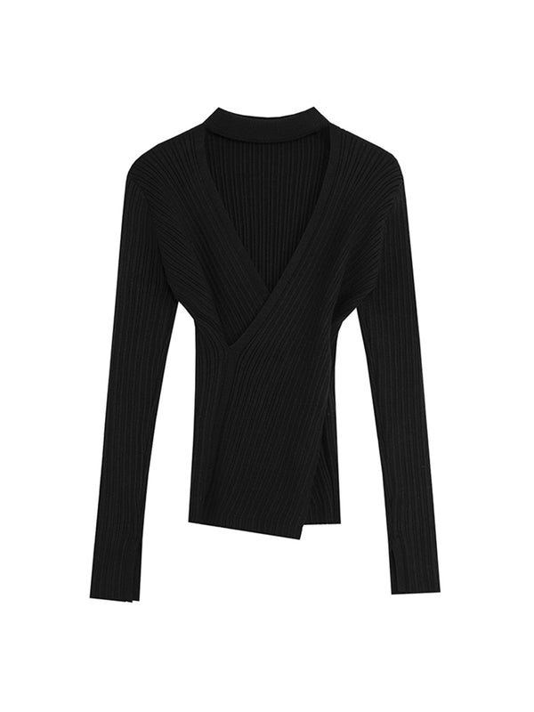 Suéter Negro Escotado en V con Cuello Halter para Mujer