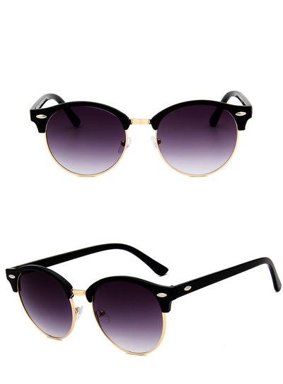 Retro clubmaster sunglasses with black frames, dark lenses, and gold-tone metal accents, shown from multiple angles. - Image 7