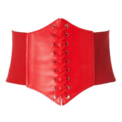 Red wide waist belt with a lace-up front design and elasticated sides, perfect for cinching the waist. - Image 10