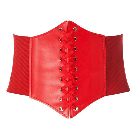 Red wide waist belt with a lace-up front design and elasticated sides, perfect for cinching the waist. - Image 10