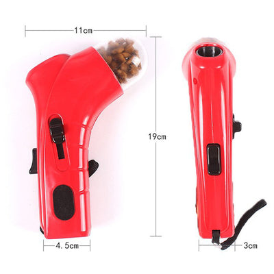 Red pet treat launcher with a clear reservoir filled with brown kibble, shown from side and top views with dimensions. - Image 7