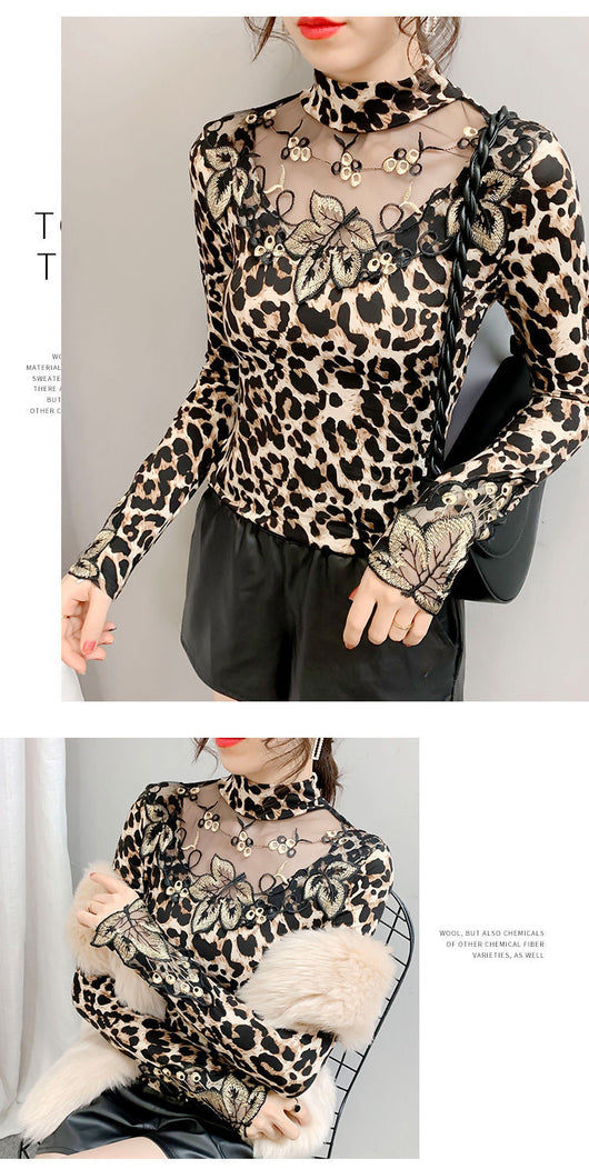 Blusa Estilo Occidental Estampado Leopardo con Encaje Bordado - Image 13