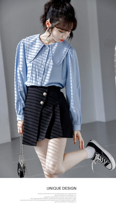 Blusa Cuello Bebé Azul Manga Larga Diseño Sofisticado para Mujer - Image 6