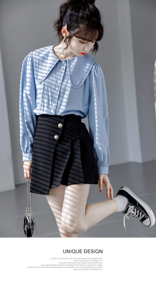 Blusa Cuello Bebé Azul Manga Larga Diseño Sofisticado para Mujer - Image 6