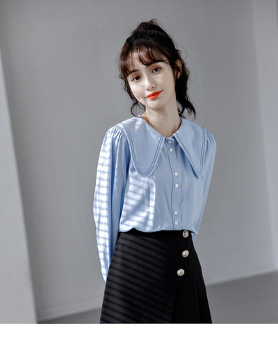 Blusa Cuello Bebé Azul Manga Larga Diseño Sofisticado para Mujer - Image 7