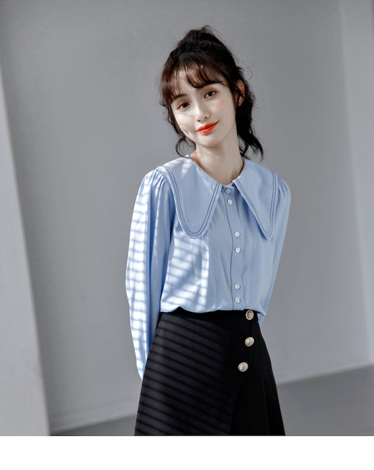 Blusa Cuello Bebé Azul Manga Larga Diseño Sofisticado para Mujer - Image 7