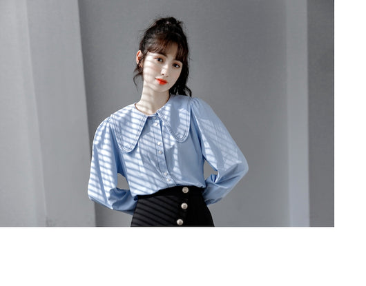 Blusa Cuello Bebé Azul Manga Larga Diseño Sofisticado para Mujer - Image 8