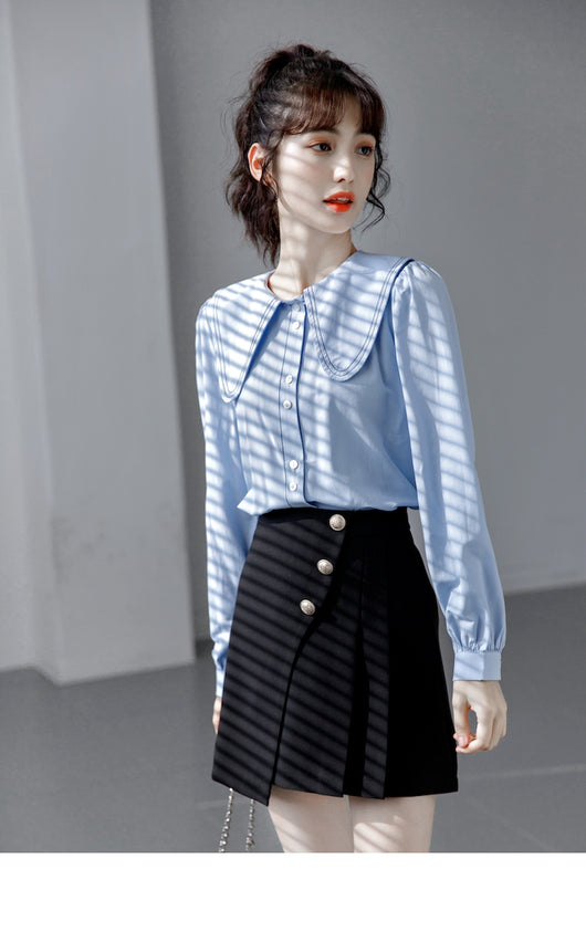 Blusa Cuello Bebé Azul Manga Larga Diseño Sofisticado para Mujer - Image 9