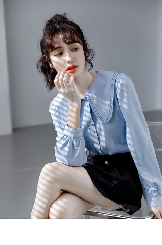 Blusa Cuello Bebé Azul Manga Larga Diseño Sofisticado para Mujer - Image 10