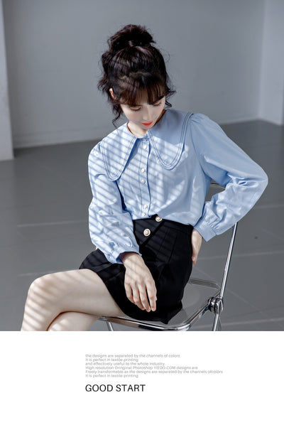 Blusa Cuello Bebé Azul Manga Larga Diseño Sofisticado para Mujer - Image 11