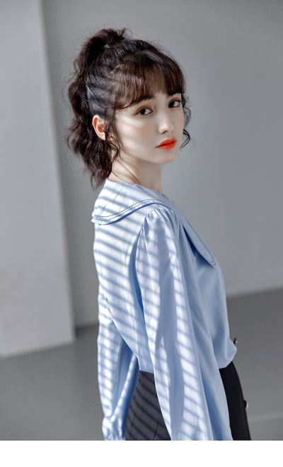 Blusa Cuello Bebé Azul Manga Larga Diseño Sofisticado para Mujer - Image 12