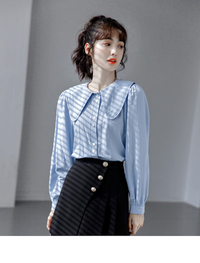 Blusa Cuello Bebé Azul Manga Larga Diseño Sofisticado para Mujer - Image 13