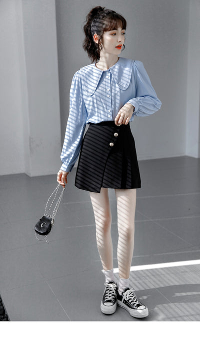 Blusa Cuello Bebé Azul Manga Larga Diseño Sofisticado para Mujer - Image 14