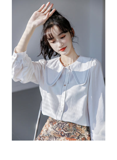 Blusa Cuello Bebé Azul Manga Larga Diseño Sofisticado para Mujer - Image 15