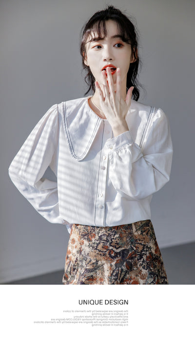 Blusa Cuello Bebé Azul Manga Larga Diseño Sofisticado para Mujer - Image 16