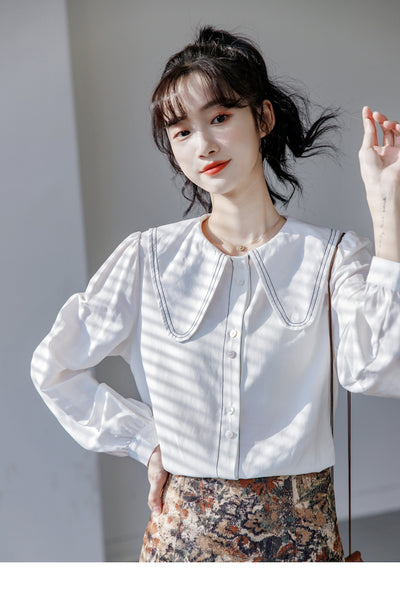 Blusa Cuello Bebé Azul Manga Larga Diseño Sofisticado para Mujer - Image 17