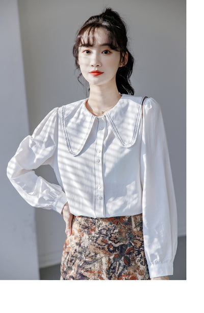 Blusa Cuello Bebé Azul Manga Larga Diseño Sofisticado para Mujer - Image 18